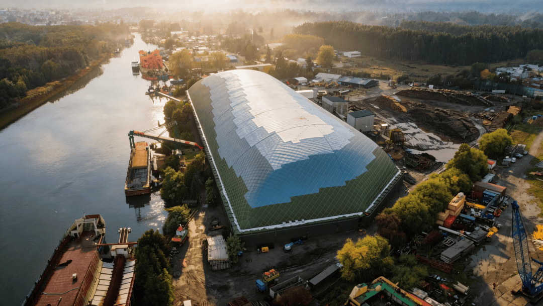 Aerial-view-of-the-Port-Corral-air-dome-woodchip-storage-facility-by-Broadwell-Air-Dome