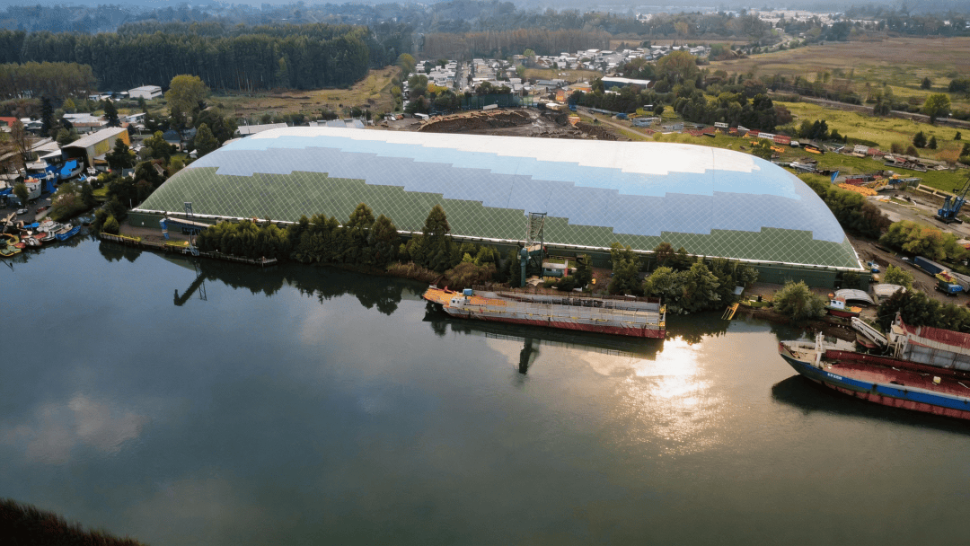 Long-range-view-of-the-Port-Corral-air-dome-woodchip-storage-facility-by-Broadwell-Air-Dome